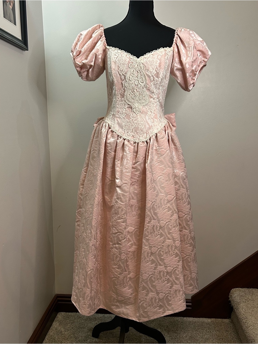 Vintage 80s Scott McClintock Pink Lace Oversized Bow Dress Sz 8 Crinoline